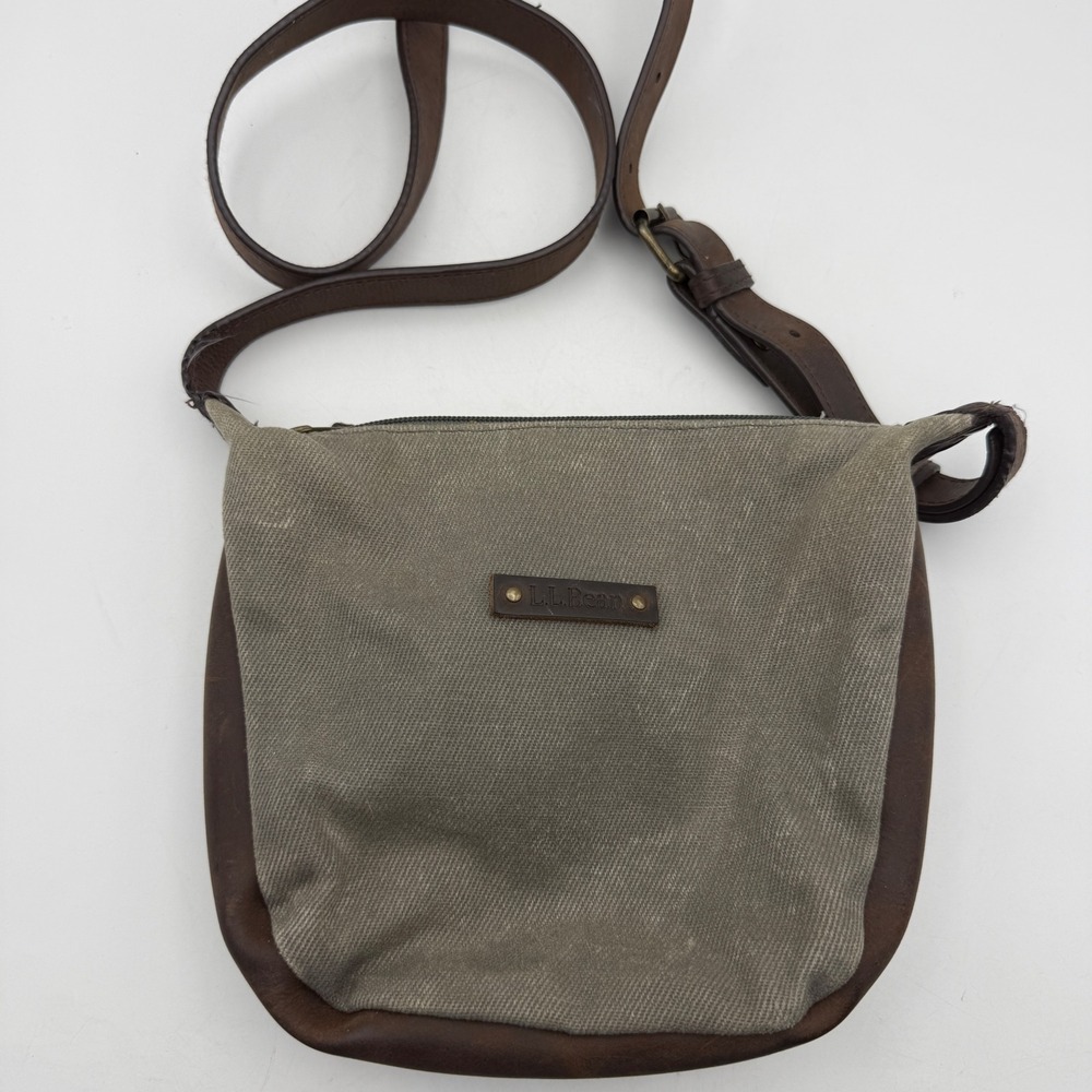 Vintage L.L. Bean Crossbody‎ Bag Small Gray Brown Canvas Leather Strap Zip Top